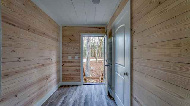 doorway featuring wood-type flooring and wood walls