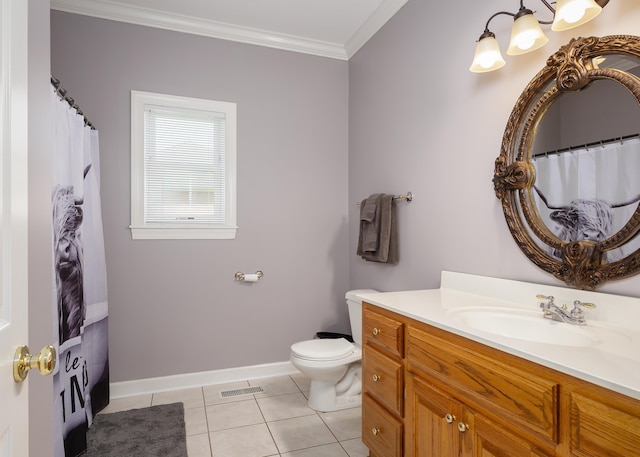  - bathroom featuring tile patterned floors, toilet, vanity, and ornamental molding