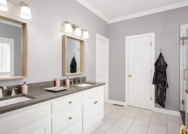  - bathroom with crown molding, tile patterned flooring, vanity, and an enclosed shower