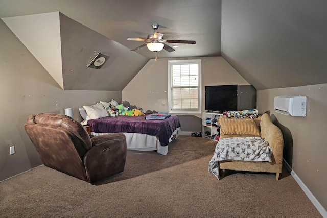 bedroom featuring a ceiling fan, vaulted ceiling, carpet, and baseboards