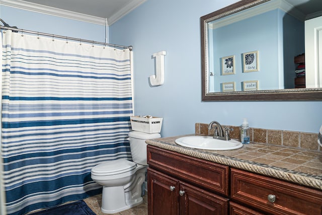 bathroom with curtained shower, vanity, toilet, and crown molding