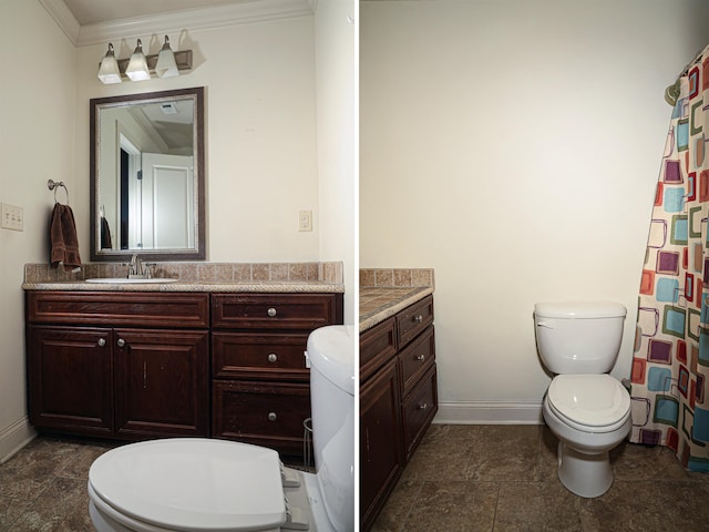 bathroom featuring toilet, vanity, baseboards, and ornamental molding