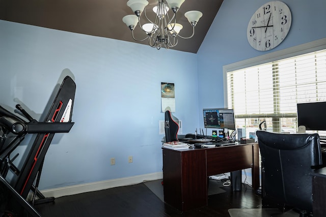 office space featuring vaulted ceiling, wood finished floors, baseboards, and a chandelier