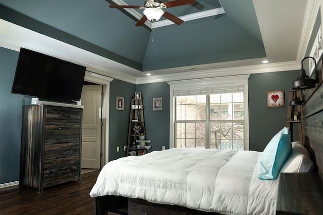 bedroom featuring visible vents, crown molding, dark wood finished floors, a tray ceiling, and recessed lighting