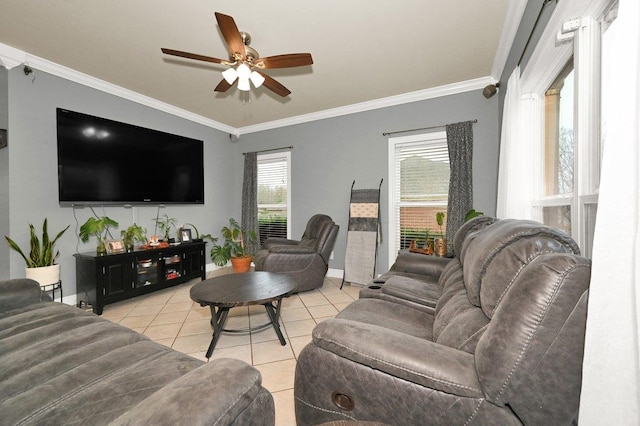 tiled living room with crown molding and ceiling fan