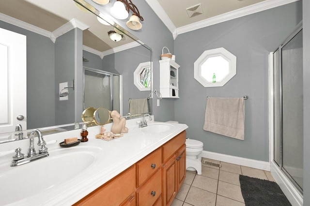 bathroom featuring tile patterned floors, walk in shower, vanity, crown molding, and toilet