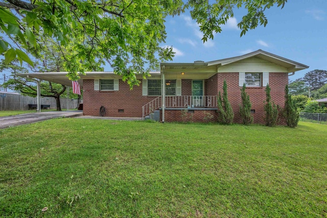  - single story home with crawl space, driveway, a porch, a carport, and brick siding