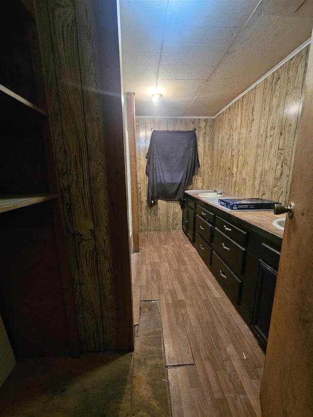 bathroom with vanity, wood-type flooring, and wooden walls