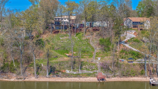 drone / aerial view featuring a water view