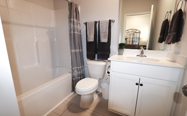 bathroom with toilet, shower / tub combo, tile patterned flooring, and vanity