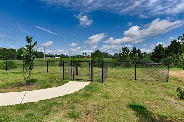 view of yard with a rural view, fence, and a gate