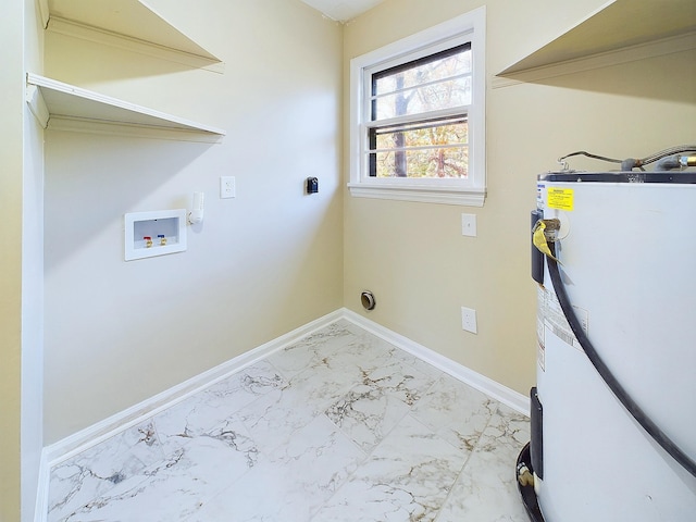 laundry area with hookup for an electric dryer, hookup for a washing machine, and water heater