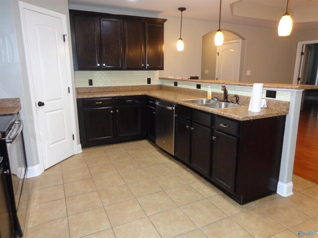 - kitchen featuring range with electric cooktop, a sink, tasteful backsplash, a peninsula, and dishwasher
