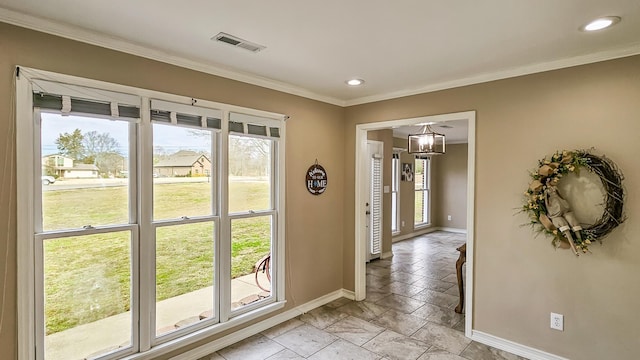 doorway to outside with crown molding, recessed lighting, visible vents, and baseboards