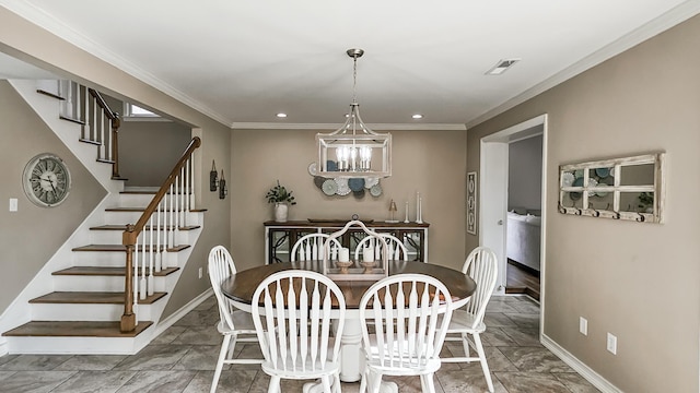 dining space featuring baseboards, stairs, visible vents, and a chandelier