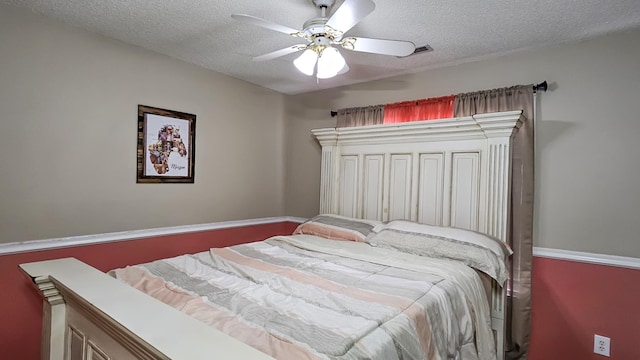 bedroom featuring visible vents, ceiling fan, and a textured ceiling