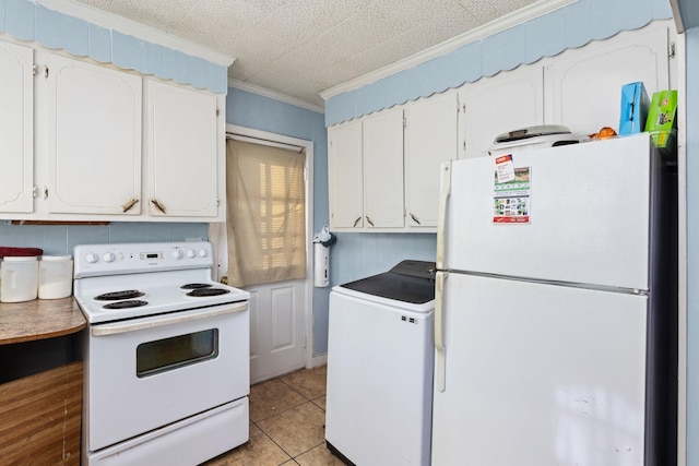 kitchen with white cabinetry, washer / dryer, white appliances, and crown molding