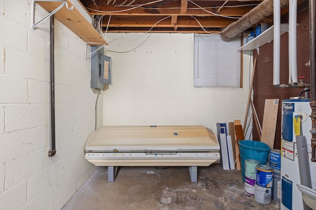 basement featuring electric panel and water heater