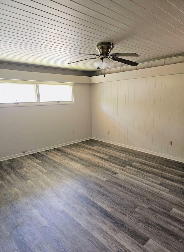  - empty room with ceiling fan, dark wood-type flooring, wood walls, and wood ceiling