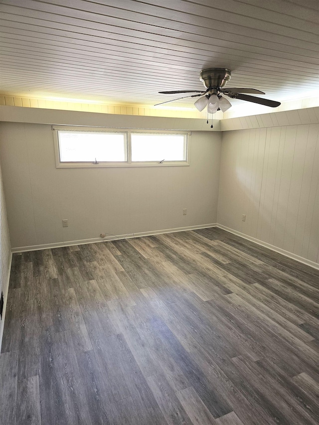  - empty room featuring ceiling fan, dark wood-type flooring, wooden walls, baseboards, and wooden ceiling