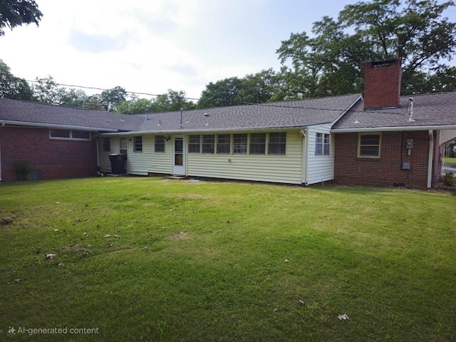  - rear view of house with brick siding, a chimney, and a lawn