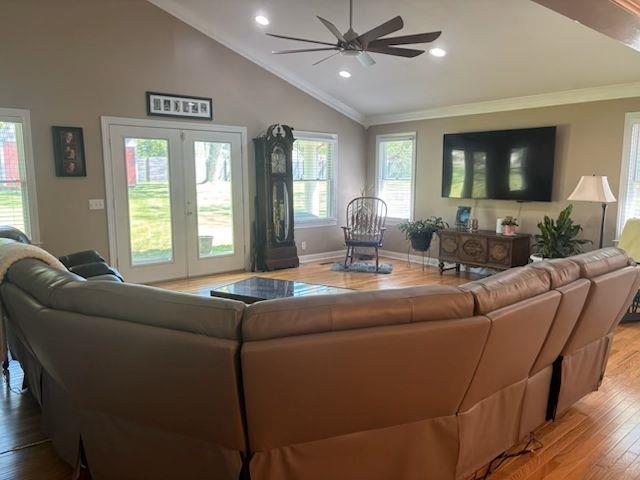  - living area featuring vaulted ceiling, wood finished floors, ceiling fan, ornamental molding, and healthy amount of natural light