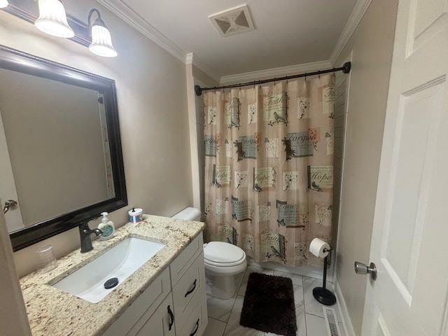  - bathroom featuring ornamental molding, vanity, tile patterned floors, and a shower with shower curtain