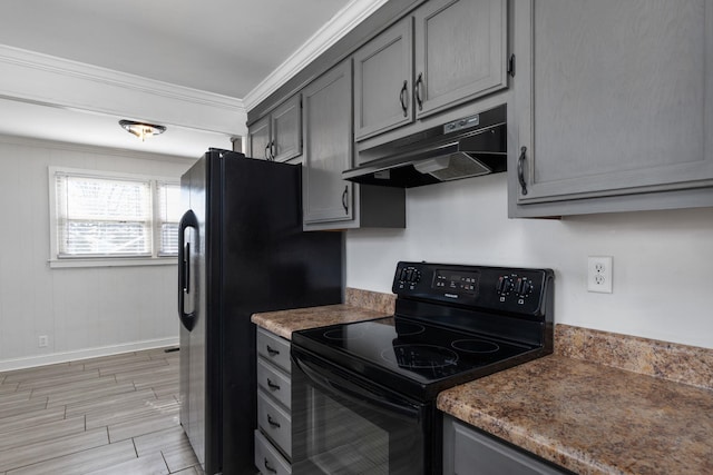 kitchen featuring crown molding, gray cabinets, and black appliances