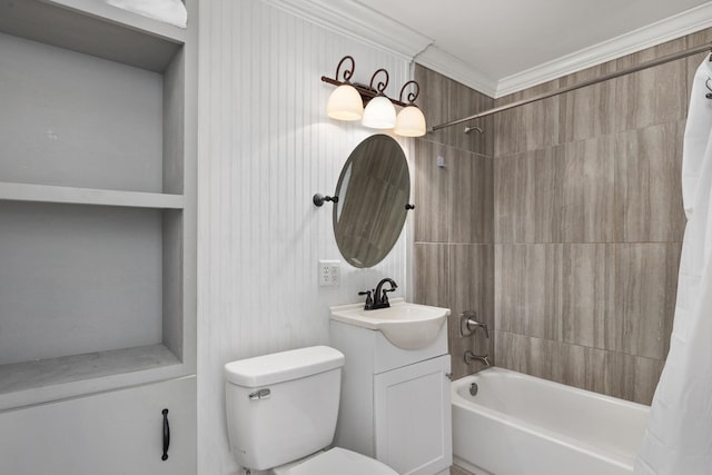 full bathroom featuring toilet, ornamental molding, vanity, and shower / bathtub combination with curtain