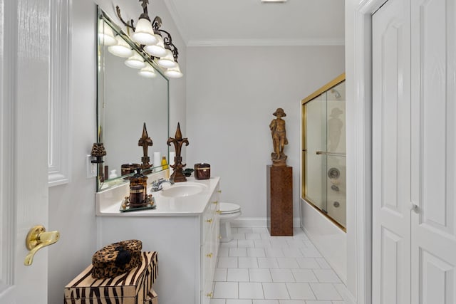 full bathroom with tile patterned flooring, enclosed tub / shower combo, crown molding, toilet, and vanity