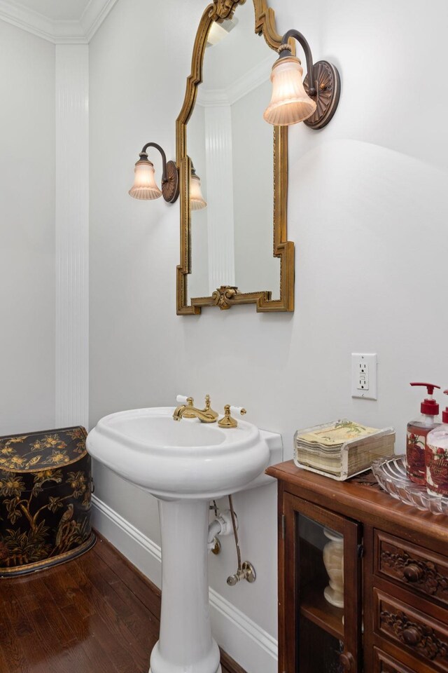 bathroom featuring crown molding and wood-type flooring