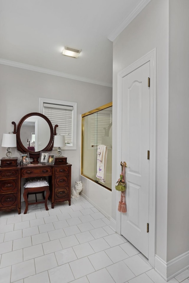 bathroom with shower / bath combination with glass door, vanity, tile patterned flooring, and ornamental molding