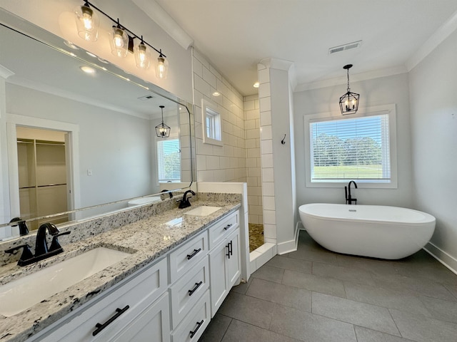 bathroom with vanity, separate shower and tub, and ornamental molding