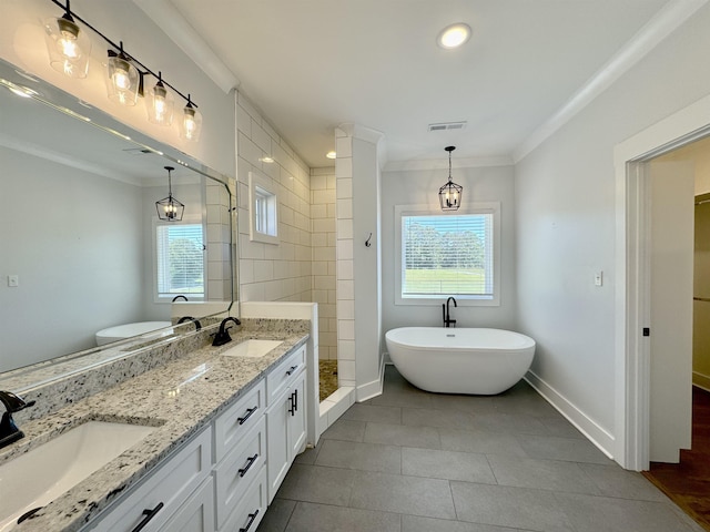 bathroom with separate shower and tub, crown molding, and vanity