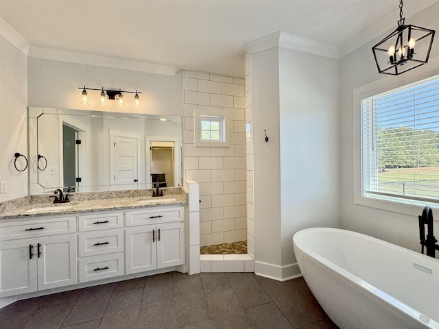 bathroom featuring a wealth of natural light, independent shower and bath, a notable chandelier, and ornamental molding