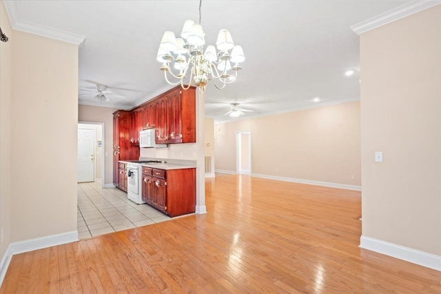 kitchen featuring ceiling fan, white appliances, crown molding, a chandelier, and light wood-style flooring