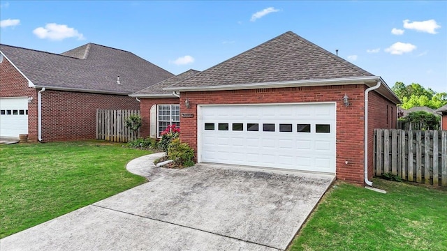 ranch-style house featuring brick siding, an attached garage, driveway, and a shingled roof
