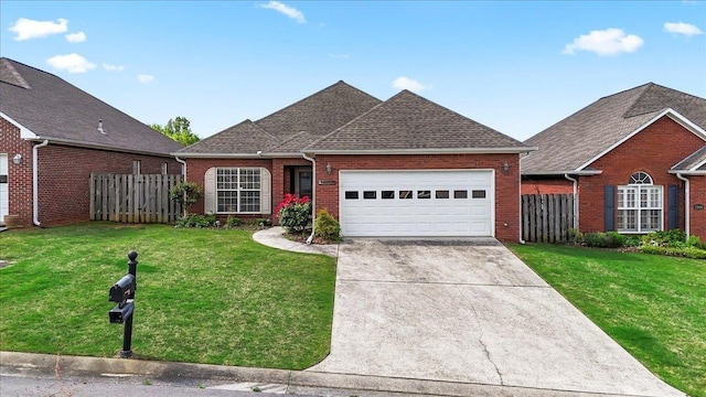 ranch-style home with a garage, driveway, brick siding, and roof with shingles