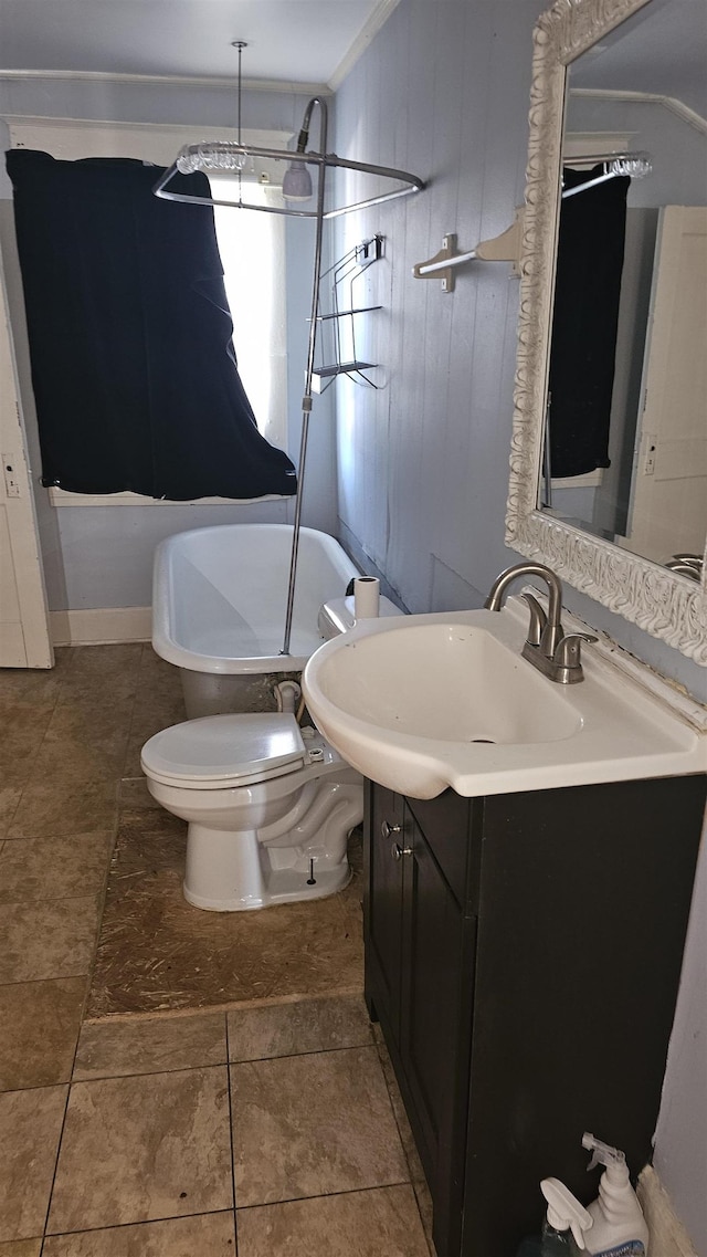 full bathroom featuring tile patterned floors, vanity, shower / washtub combination, toilet, and wood walls