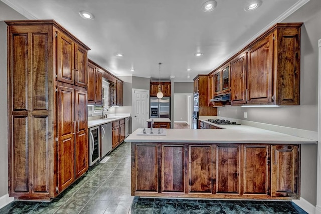 kitchen featuring sink, stainless steel appliances, ventilation hood, kitchen peninsula, and ornamental molding