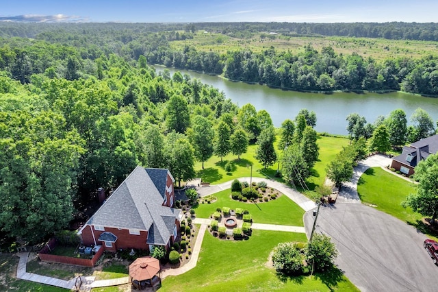 bird's eye view with a water view