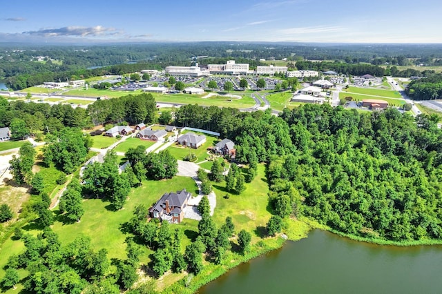 drone / aerial view featuring a water view