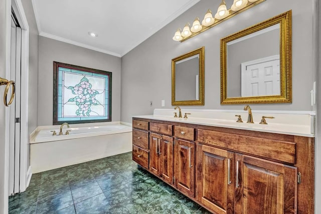 bathroom featuring a tub to relax in, crown molding, and vanity