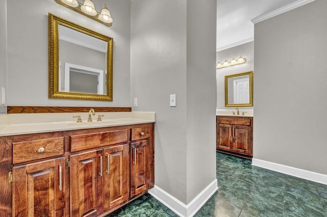 bathroom with vanity and ornamental molding