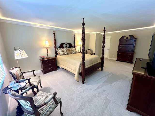 carpeted bedroom featuring ornamental molding