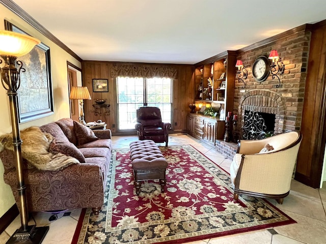 tiled living room featuring wood walls, a fireplace, and ornamental molding