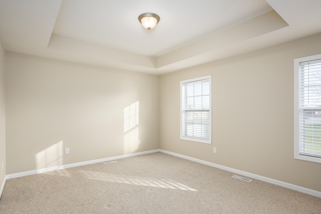 carpeted empty room with a tray ceiling