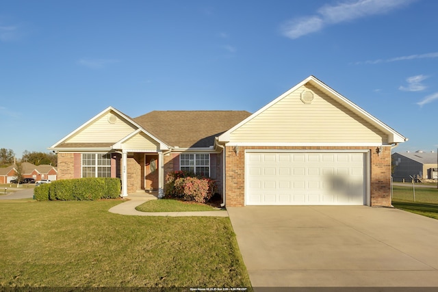 ranch-style home with a front yard and a garage