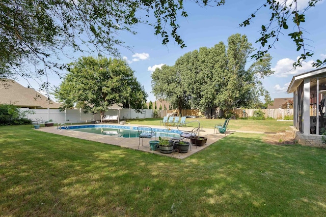 view of pool featuring a fenced backyard, a fenced in pool, and a yard