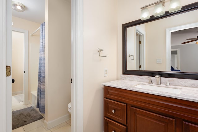 full bath with shower / bathtub combination with curtain, toilet, a ceiling fan, vanity, and tile patterned floors